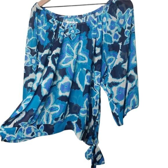 Kokoon Blouse Womens Large Floral Blue Tie-Hem Off-Shoulder Pullover - Picture 4 of 9